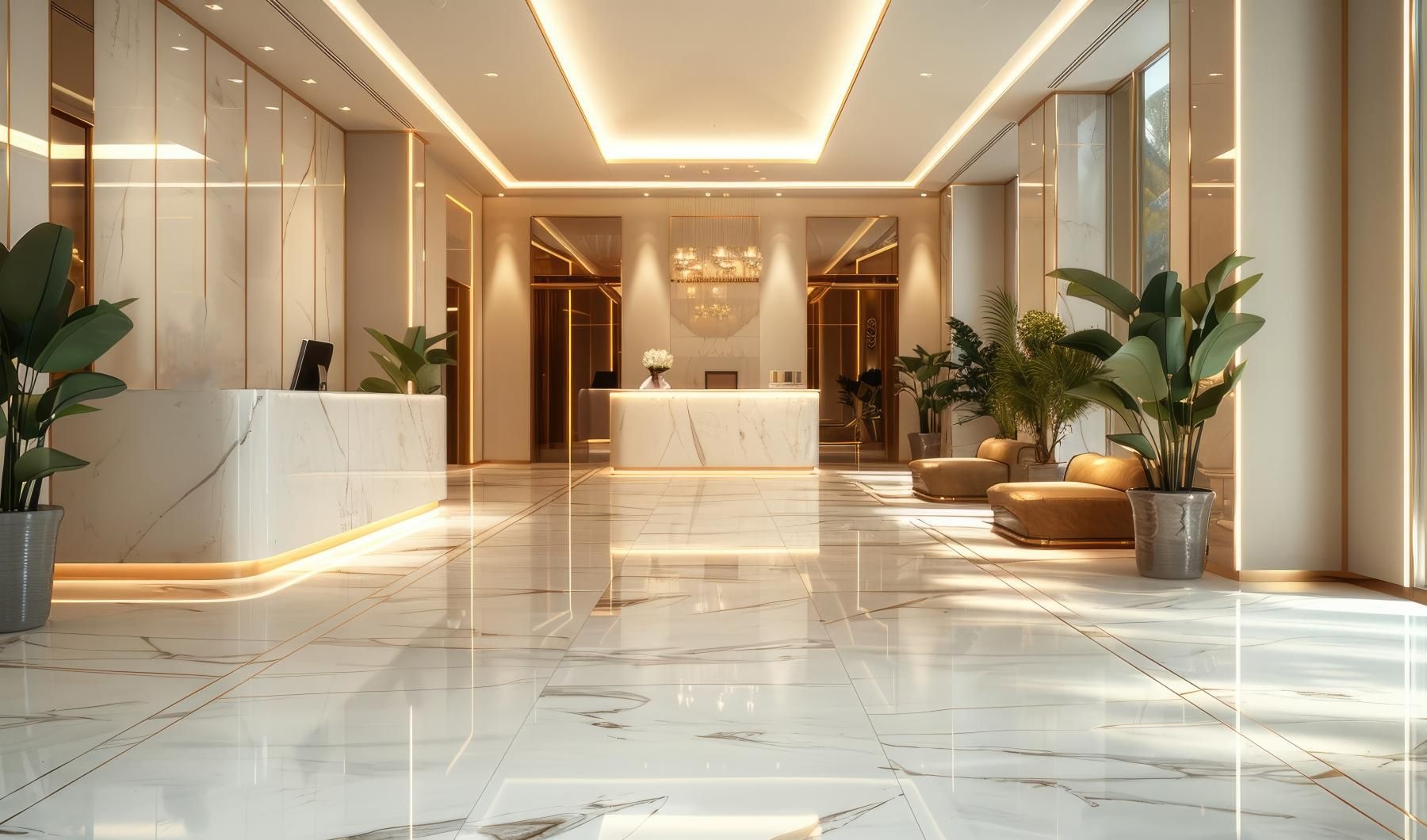 a large room with potted plants and marble floors