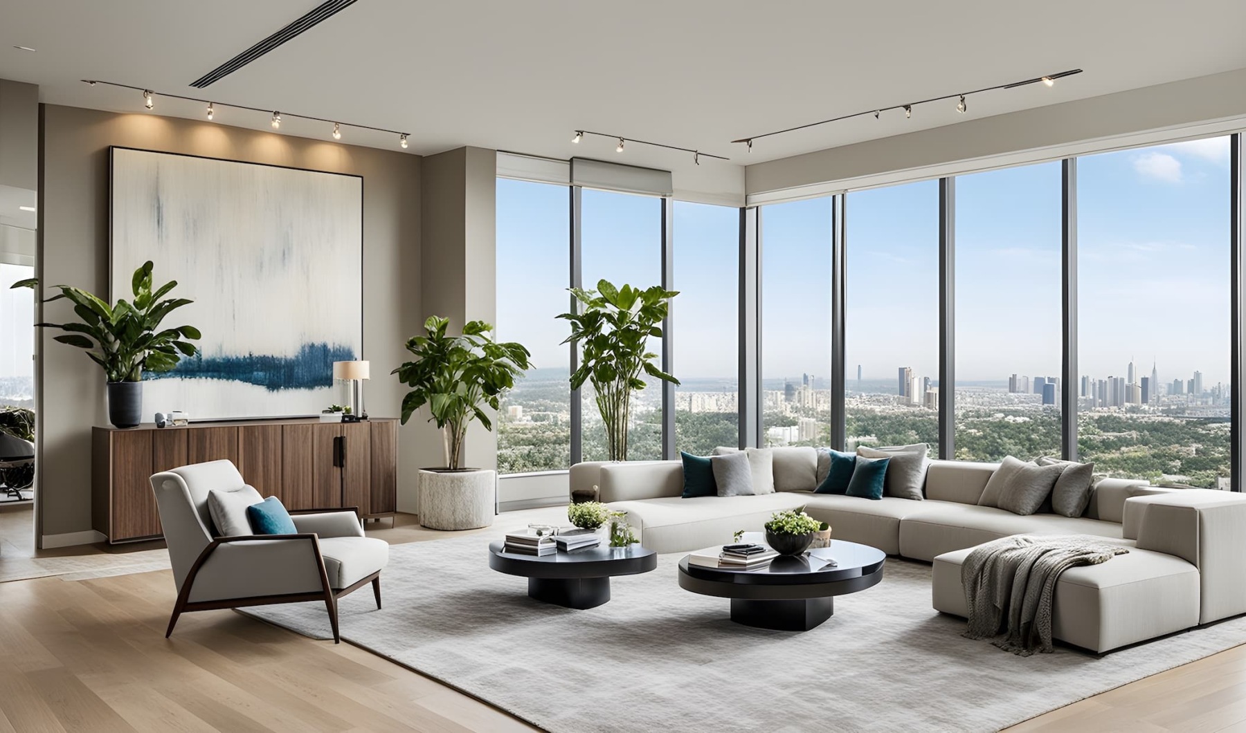 spacious living room with city views