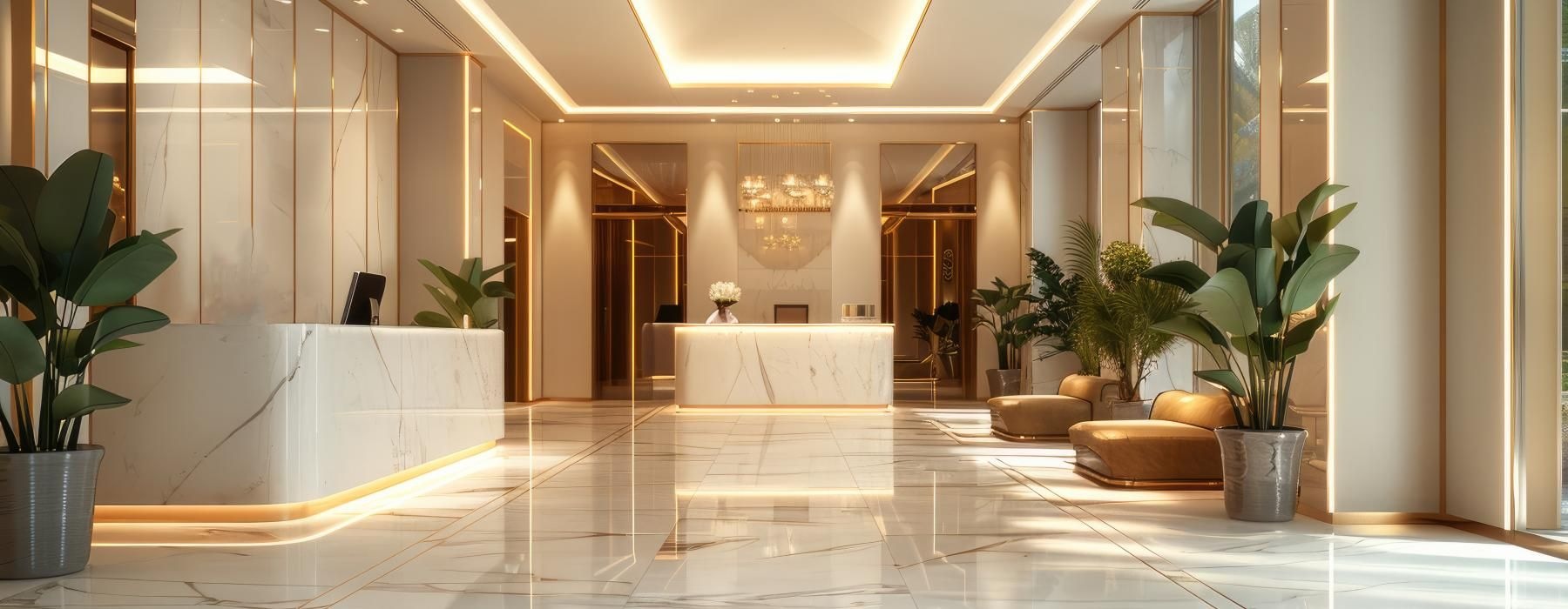 a large room with potted plants and marble floors